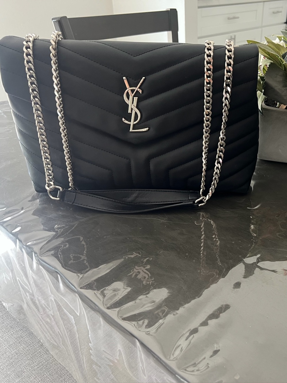 Black and silver quilted chevron shoulder bag/crossbody